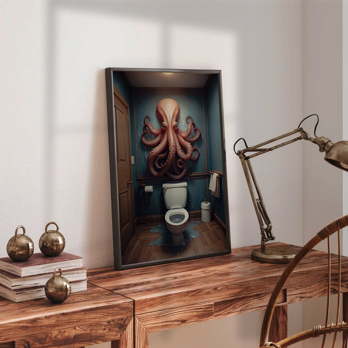 Giant Octopus Above The Toilet Moody Surreal Bathroom Poster - Image 2