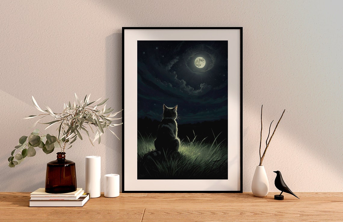 Cat Silhouette Watching the Full Moon Rise Over Tall Grass Art Print - Image 5