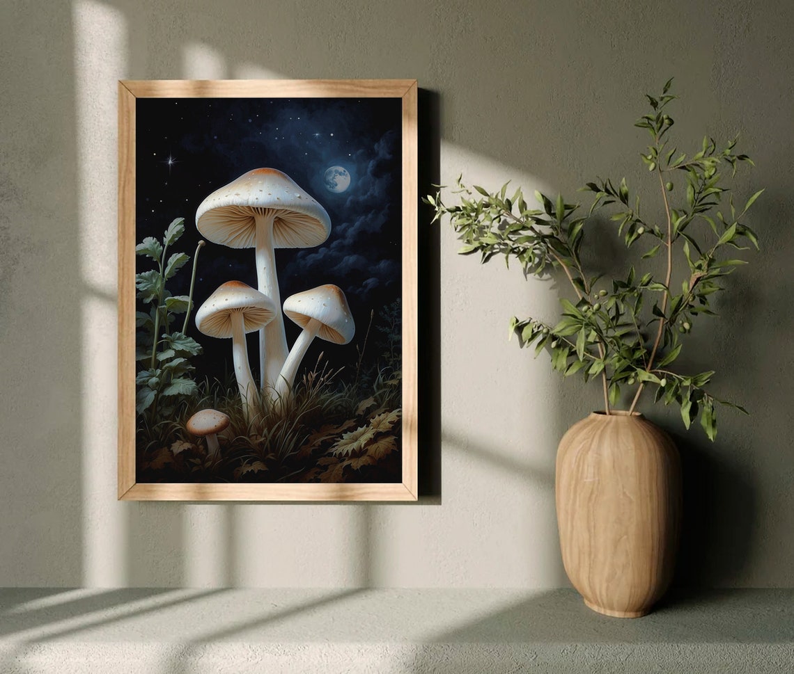 Cream Mushrooms in a Moonlit Starry Night Forest Clearing Art Print - Image 4