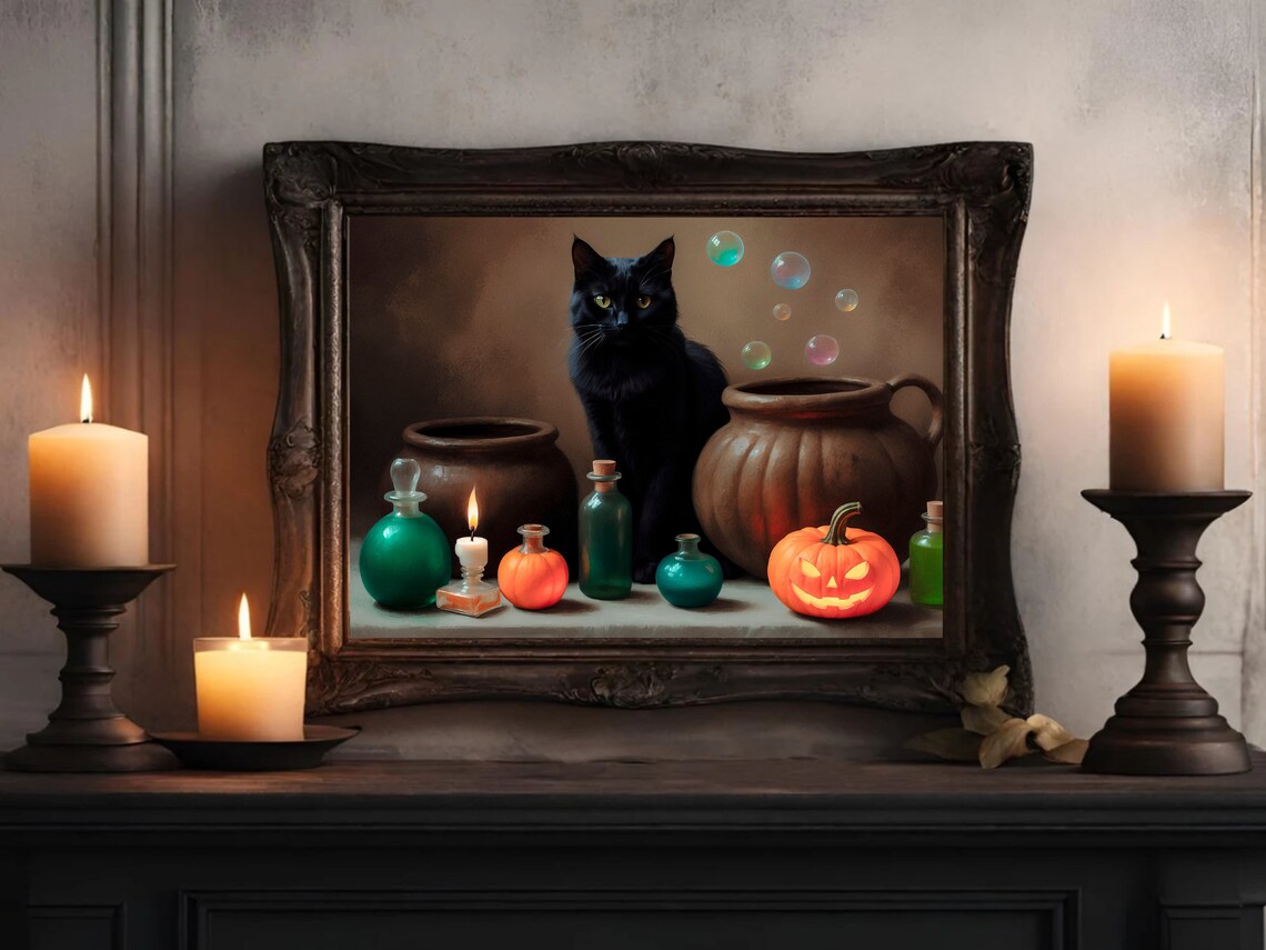 Black Cat With Witch Potions And Jack O Lantern Halloween Still Life Poster - Image 4