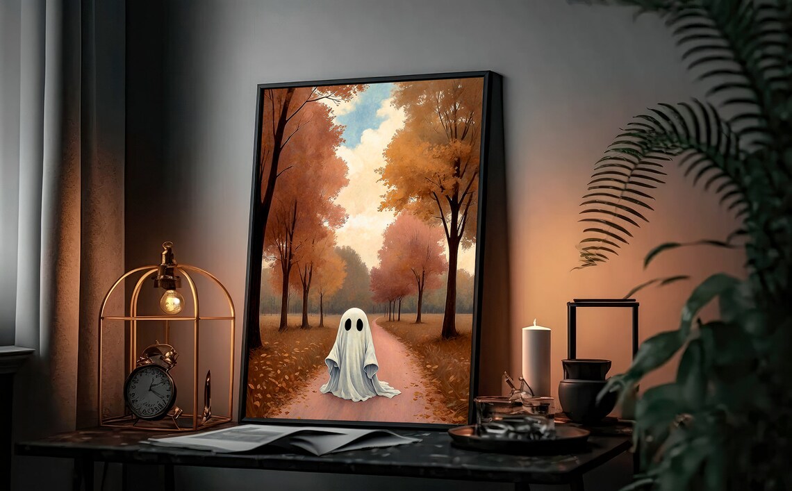 A Lone Ghost Strolling A Winding Path Through Blush Tone Autumn Woods Art Print - Image 3
