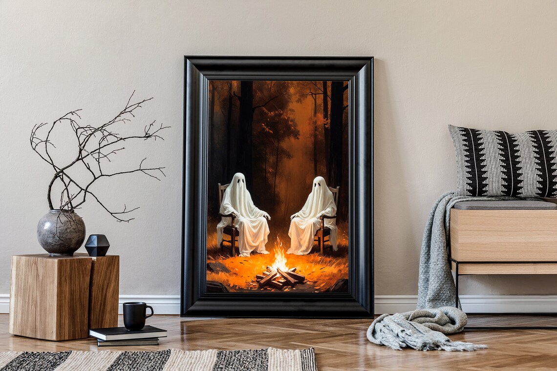 Two Ghosts Sitting By A Crackling Campfire In An Autumn Forest Painting Poster - Image 3