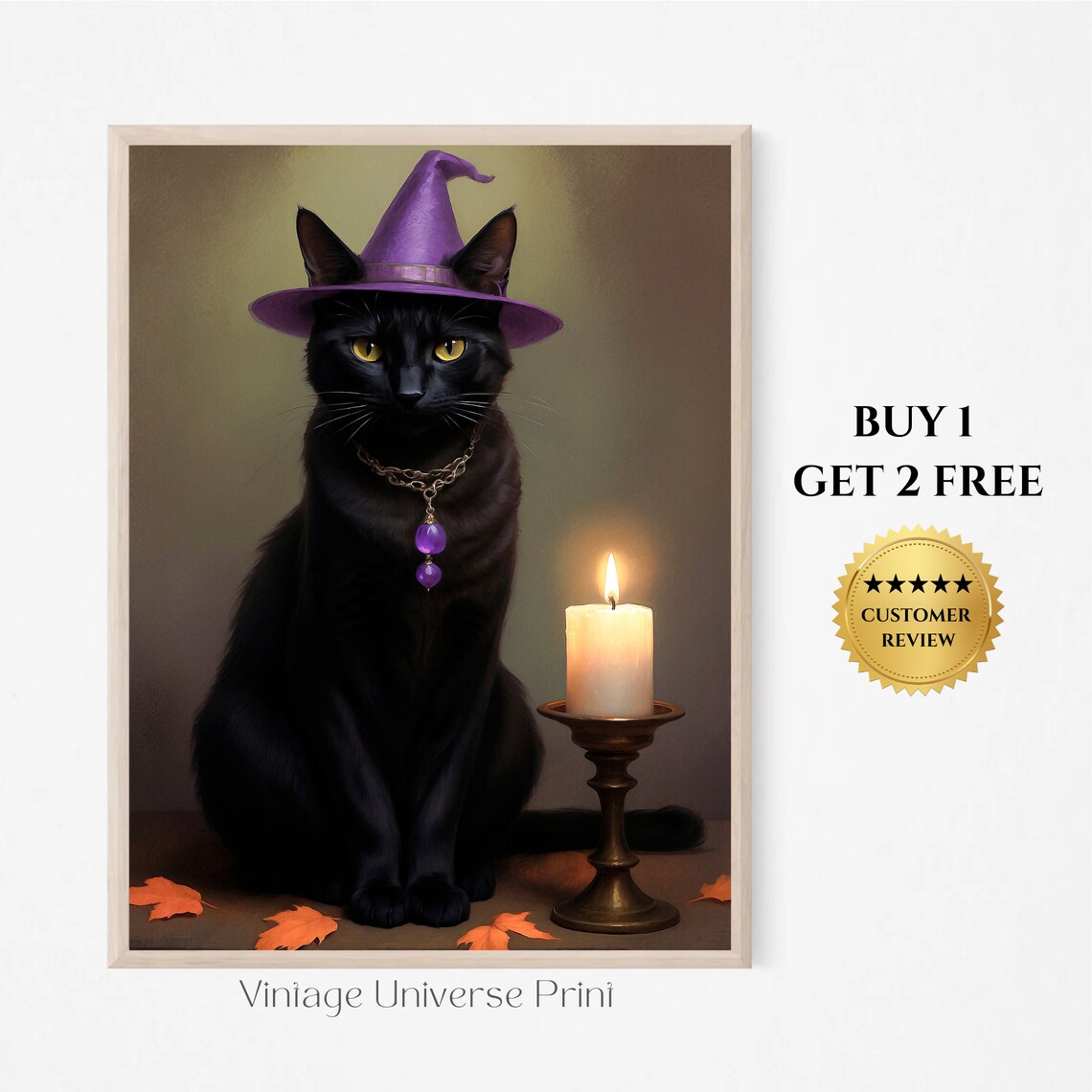 Black Cat Wearing Purple Witch Hat With Candle Halloween Portrait Painting Poster