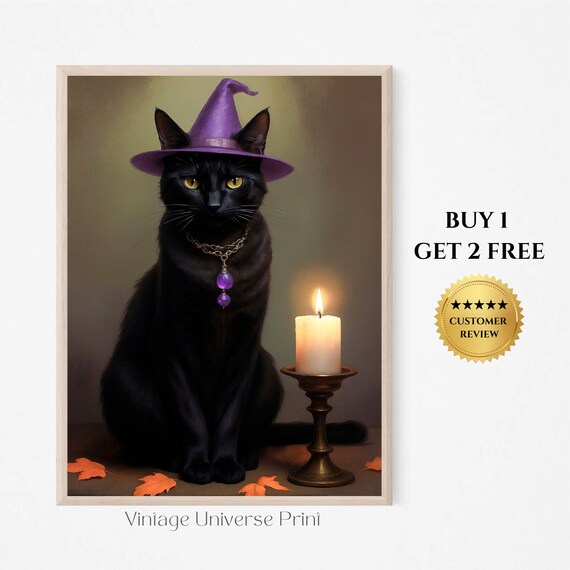 Black Cat Wearing Purple Witch Hat With Candle Halloween Portrait Painting Poster