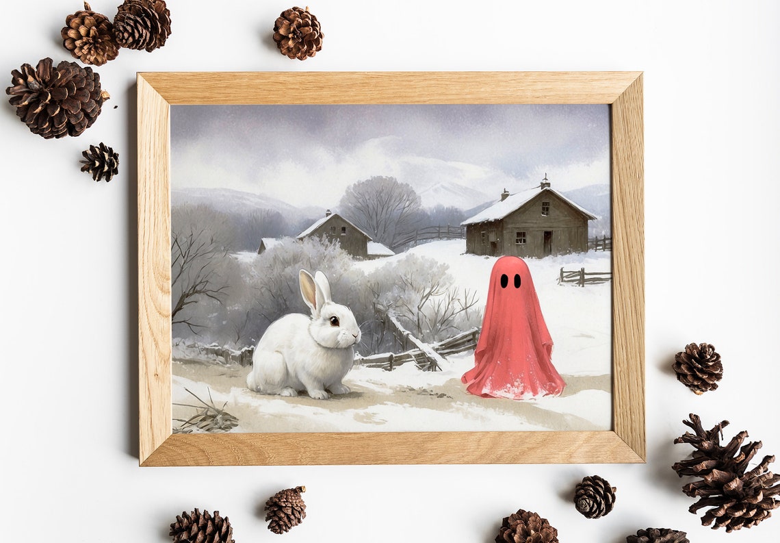 Pink Ghost with White Rabbit in Snowy Farm Landscape Scene Print - Image 3