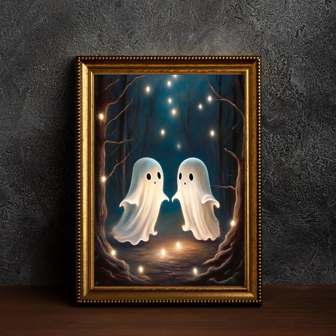 Couple Of Ghosts In The Moody Forest Fireflies Vintage Painting Little Ghost Art Print Halloween Wall Art Painting Dark Academia Decor - Image 4