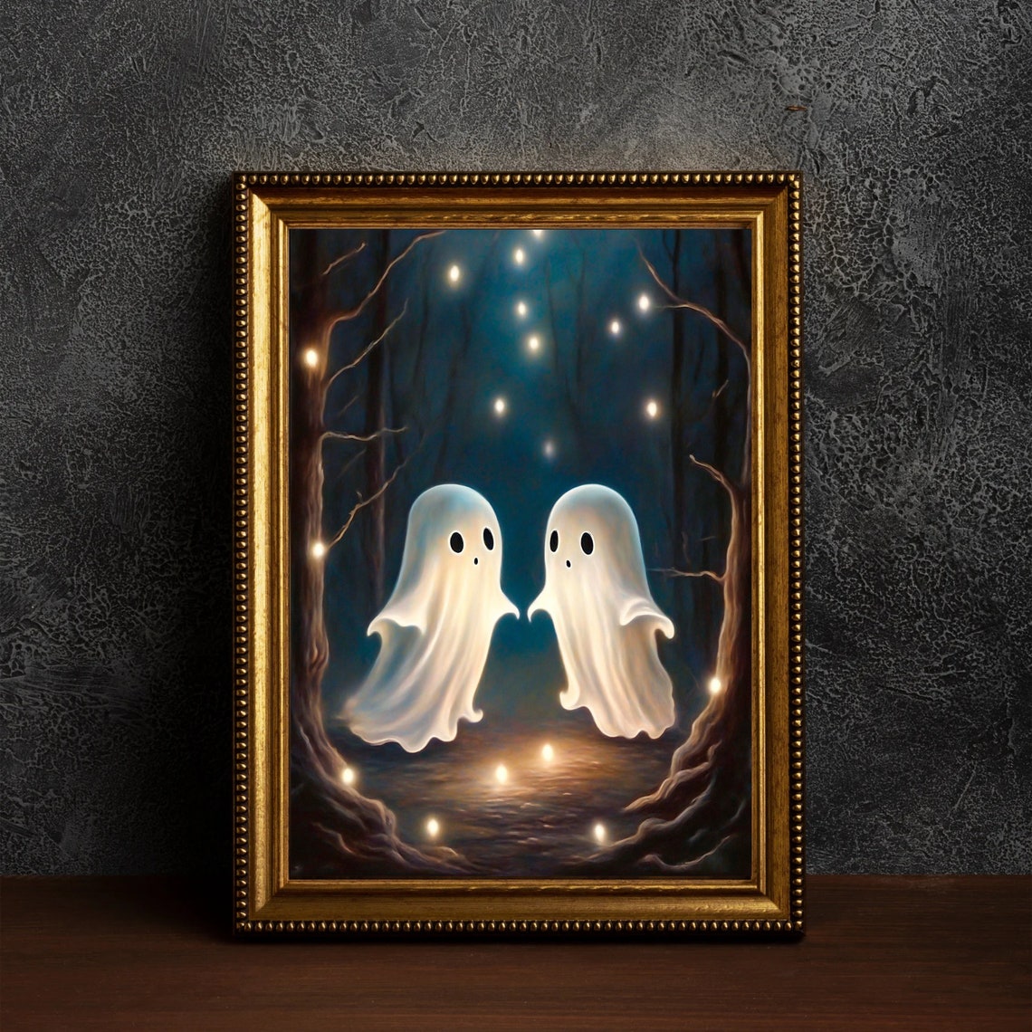 Two Cute Ghosts Moody Forest Fireflies Whimsical Halloween Wall Art - Image 4