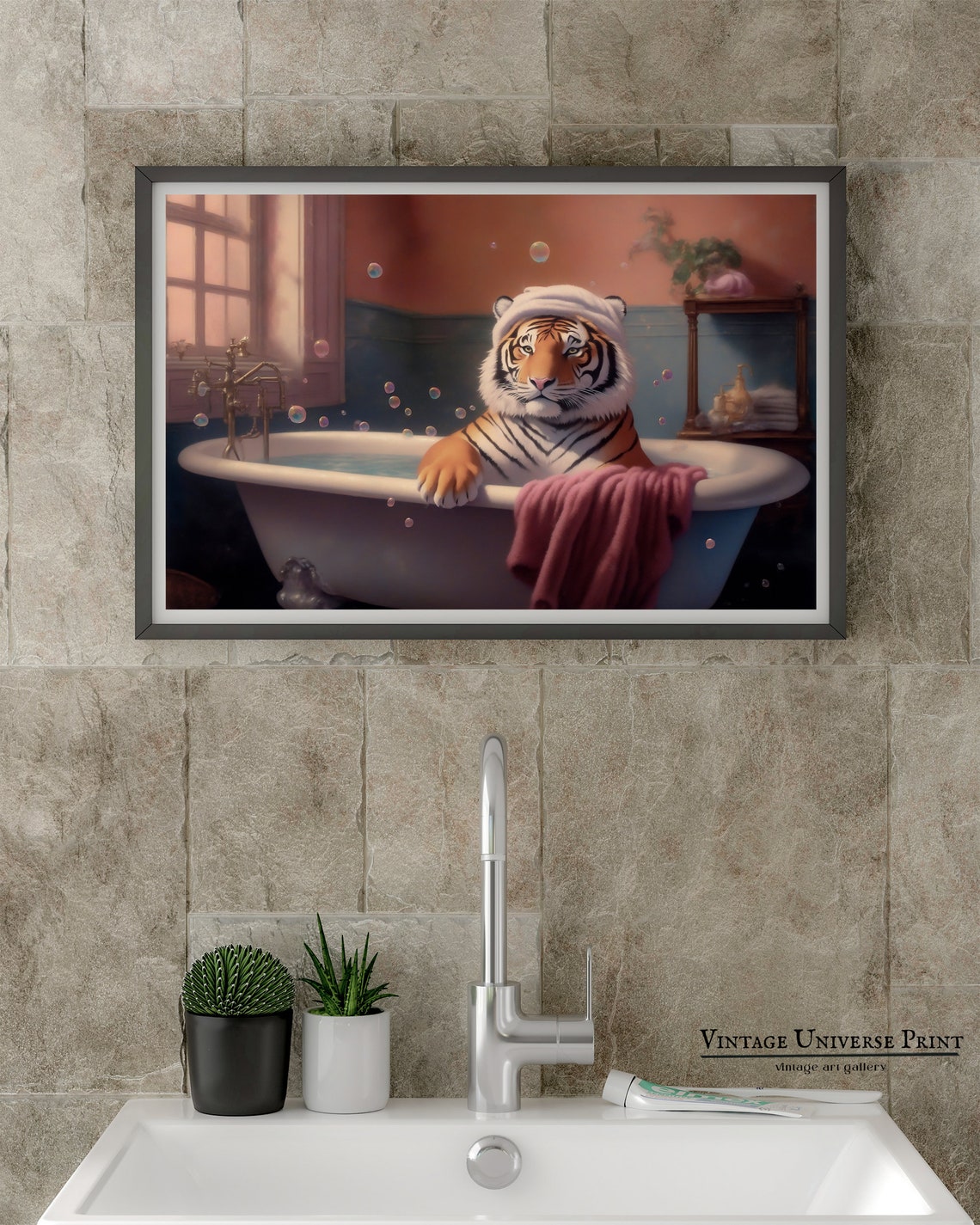 Tiger in a Bubble Bath Wearing a White Towel Turban Funny Bath Poster - Image 4