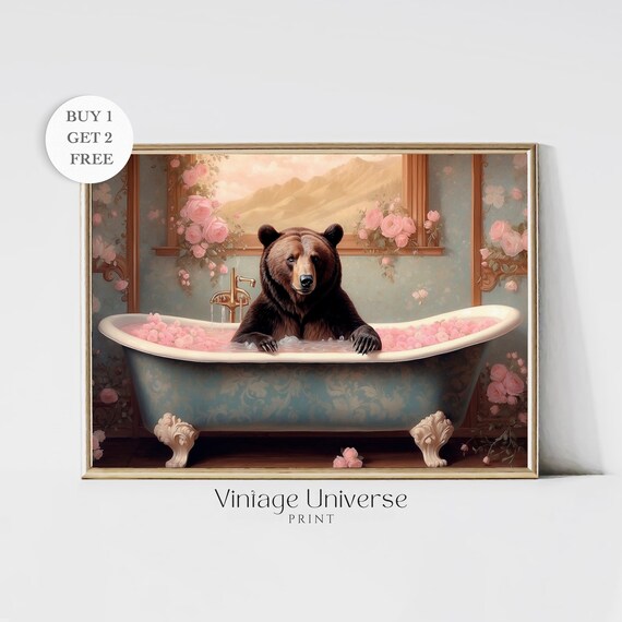 Brown Bear Relaxing in a Clawfoot Tub of Pink Rose Petals Funny Poster