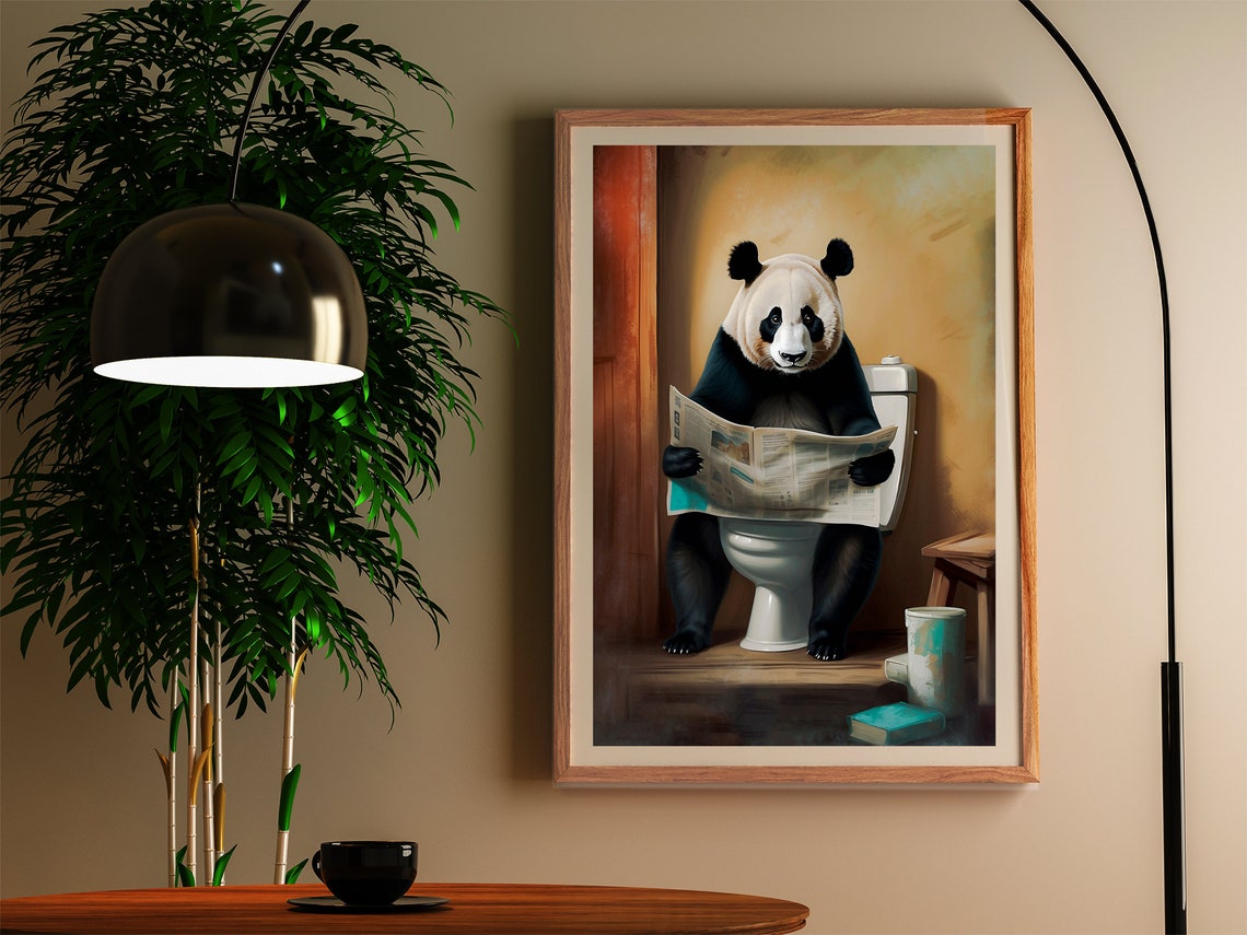 Sleepy Panda Reading A Newspaper On The Toilet Funny Art Poster - Image 2