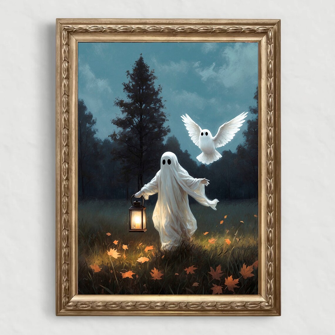 Ghost With Lantern And Flying Ghost Owl In Autumn Meadow Halloween Painting Poster - Image 4