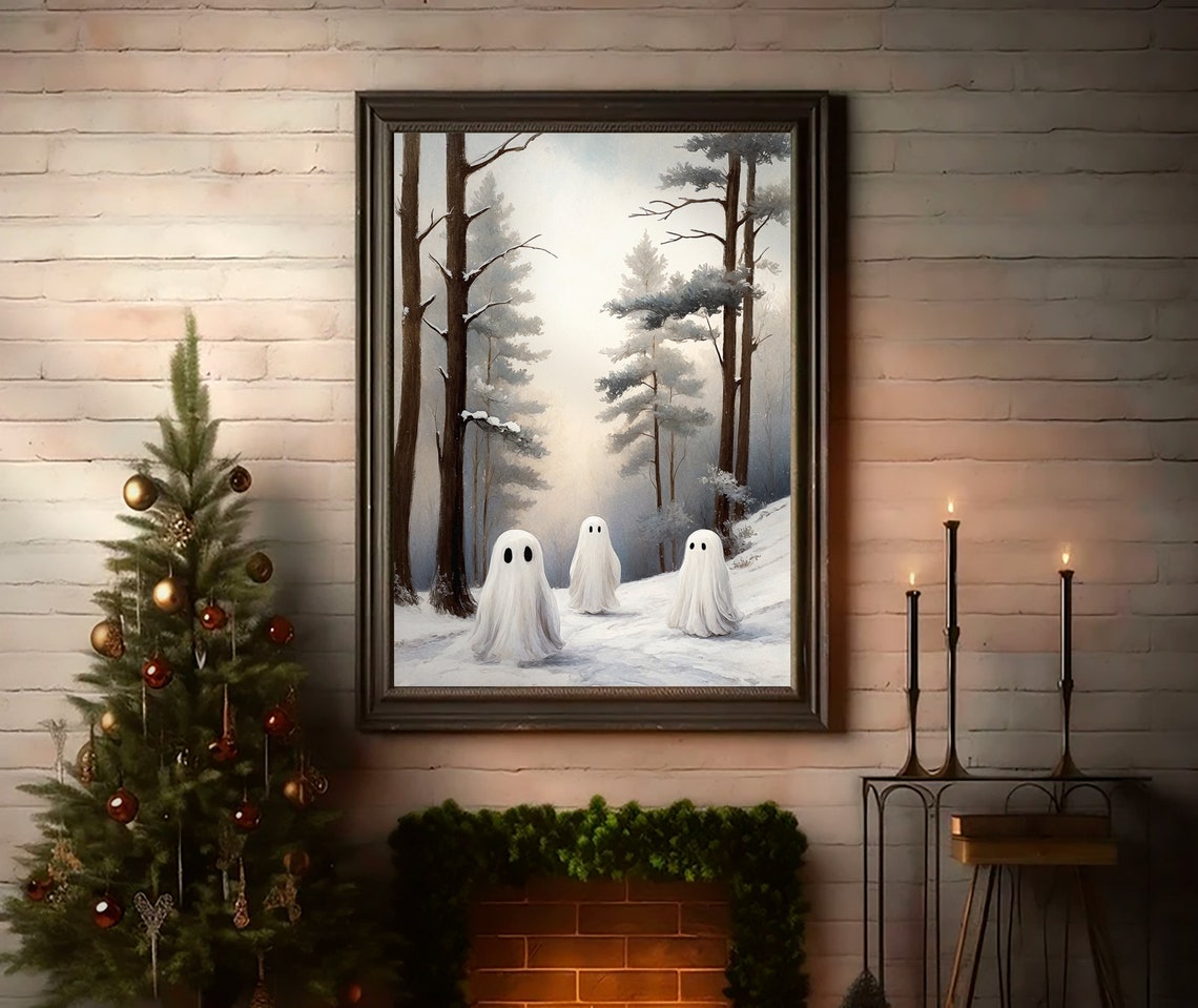 Three Ghosts in Misty Snowy Pine Forest Quiet Winter Scene Print - Image 2