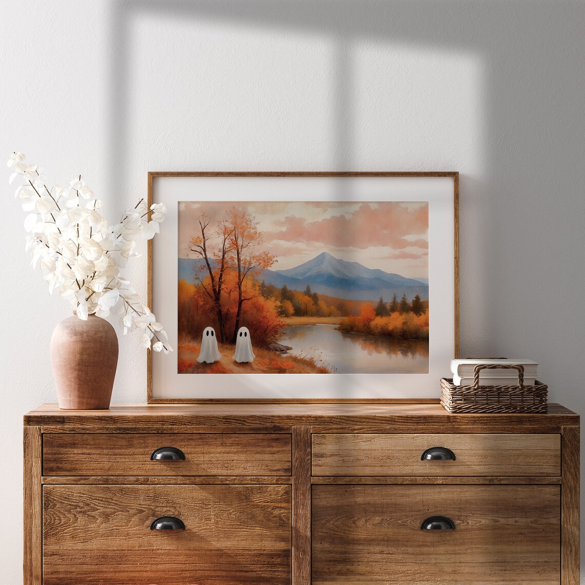 Two Ghosts By A Mountain Lake In A Fiery Autumn Landscape Vintage Painting Poster - Image 2