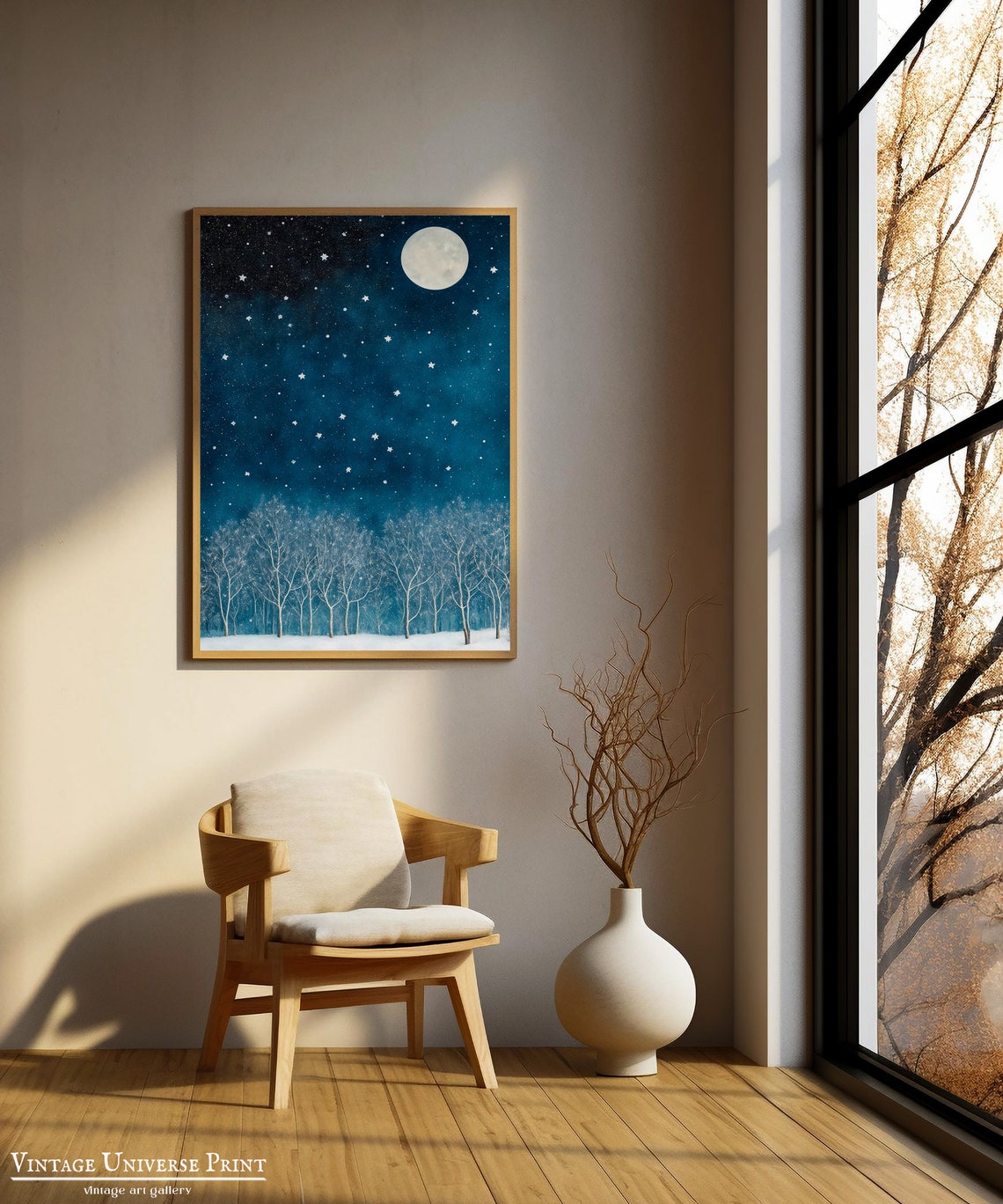 Starry Night Sky with Full Moon Over Snowy Frosted Forest Poster - Image 2