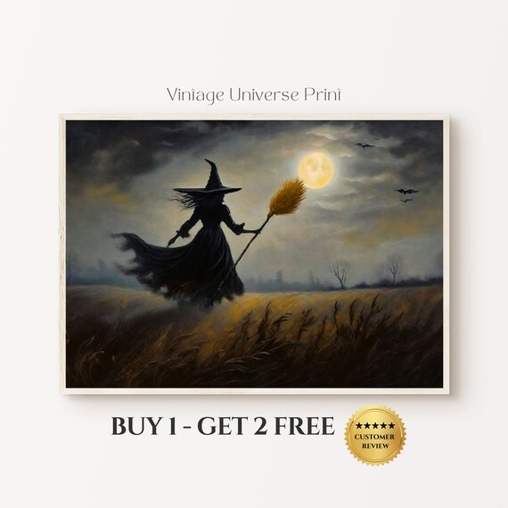 Witch Flying on Broomstick Across Moonlit Field Halloween Poster