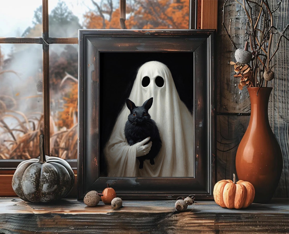 Ghost Holding Black Rabbit Painting Dark Romantic Ghost Cute Ghost Print Ghost Spooky Decor Alt Wall Art Halloween Jpg - Image 2
