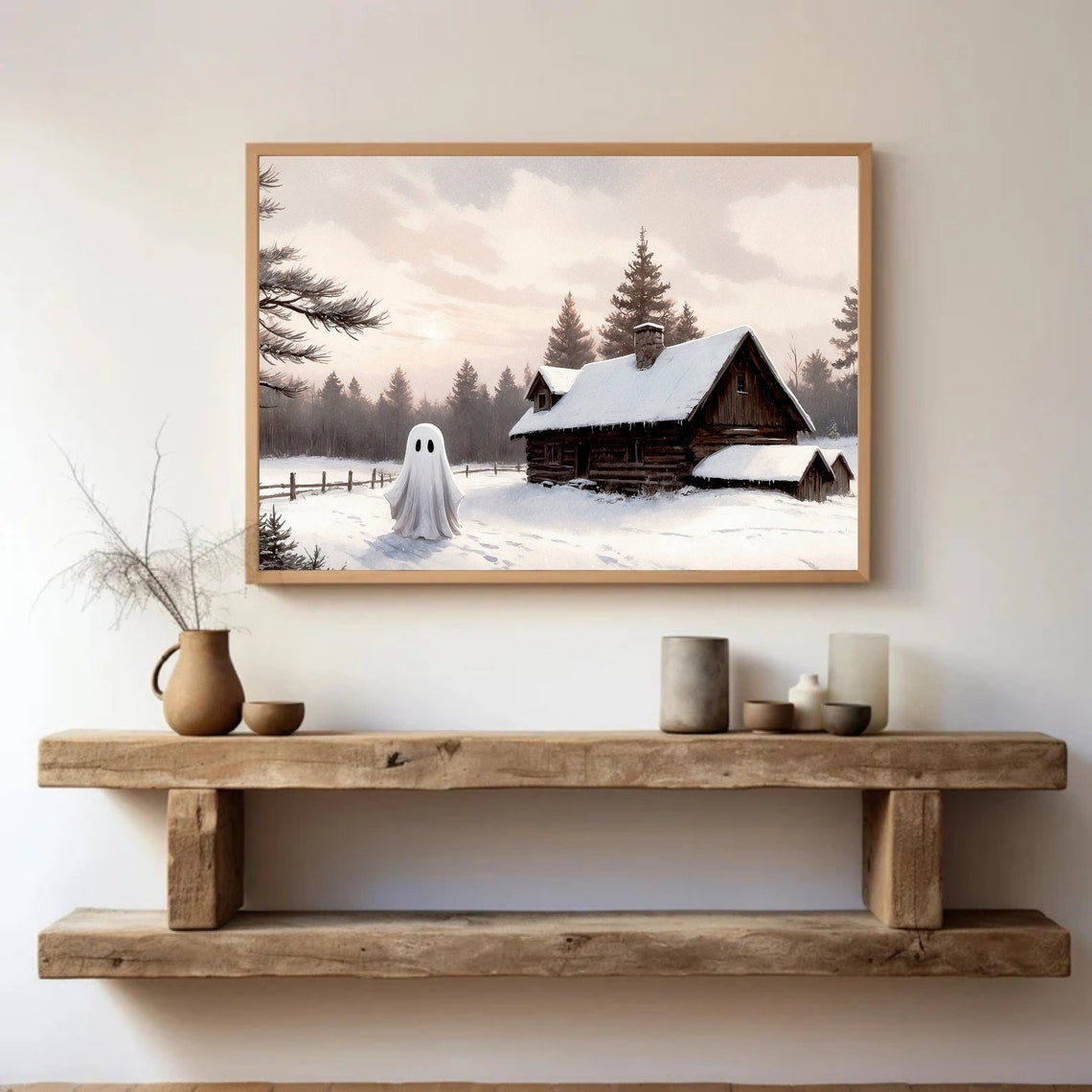 Ghost Beside Snowy Log Cabin at Dusk Rustic Winter Scene Print - Image 3