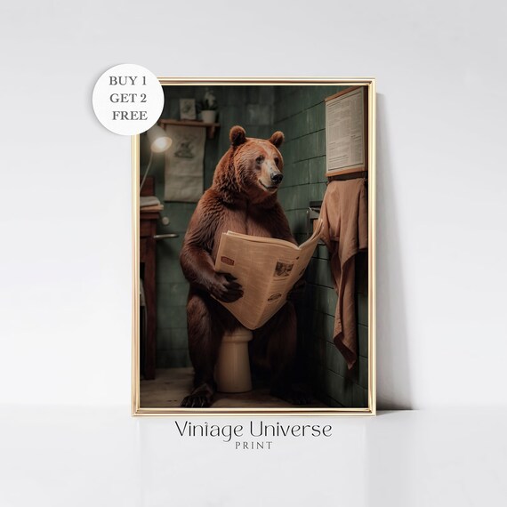 Brown Bear Sitting on a Toilet Reading the Newspaper Funny Bath Poster