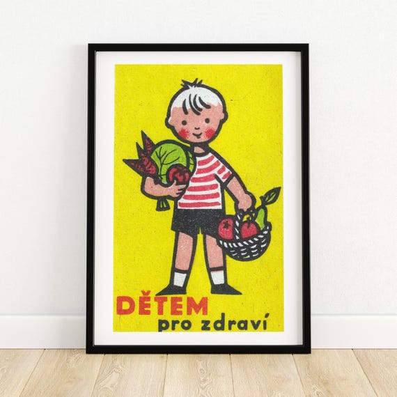 Boy Holding Basket Of Vegetables Matchbox Print Czech Wall Art Vintage Czech Art Matchbox Wall Poster Vintage Poster Print