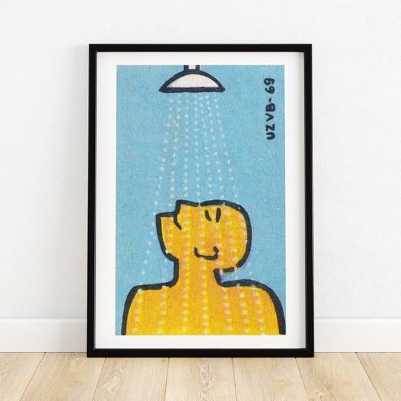 Man Under Shower Czech Vintage Matchbox Poster