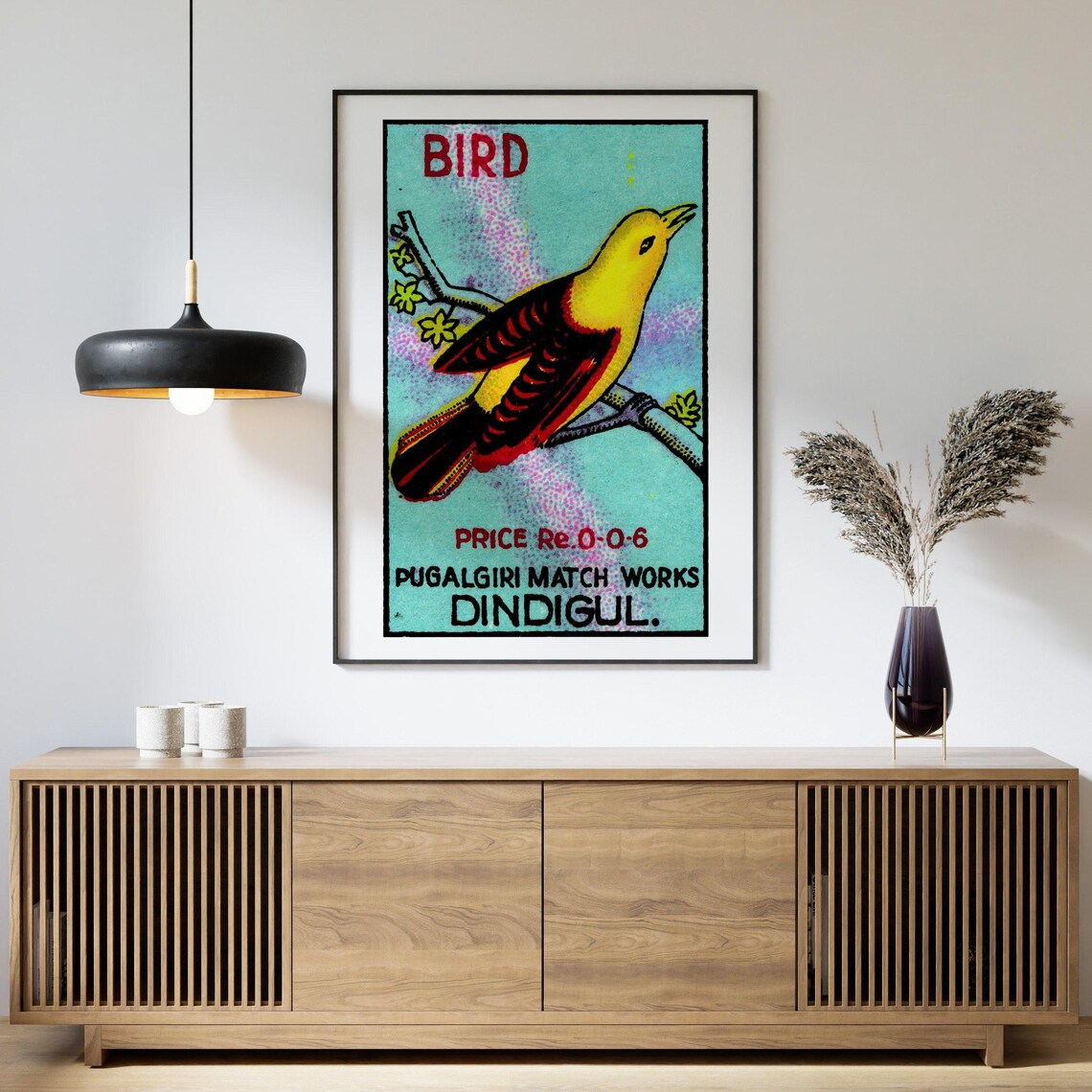 Bird Yellow Songbird on Blossom Branch Vintage India Match Poster - Image 4