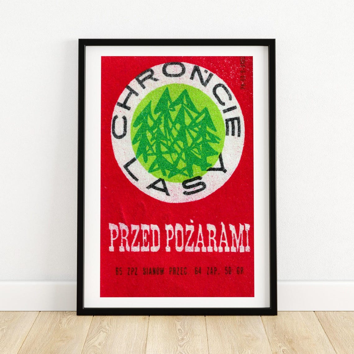 Polish Vintage Red Forest Fire Protection Pine Matchbox Label Poster