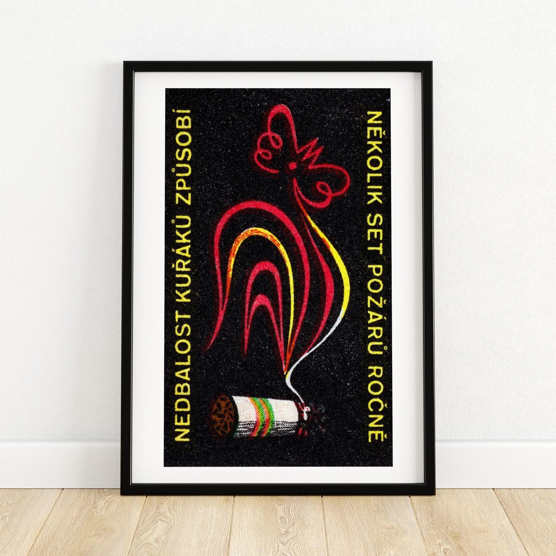 Czech Cigarette Fire Safety Warning Black Matchbox Label Poster