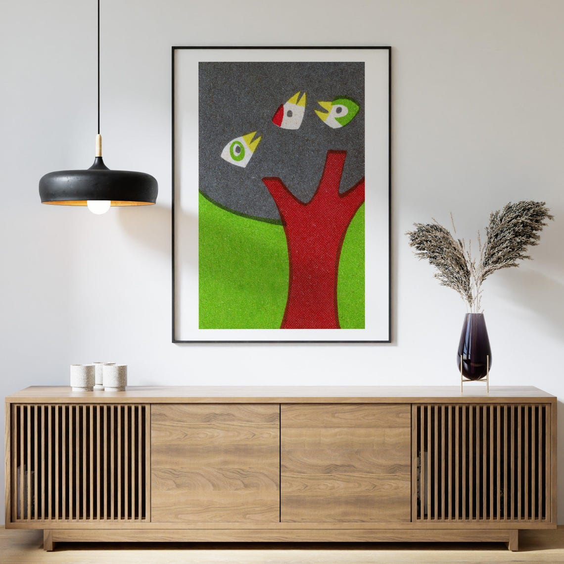 Three Birds on Red Tree Green Vintage Matchbox Art Poster Bold - Image 4