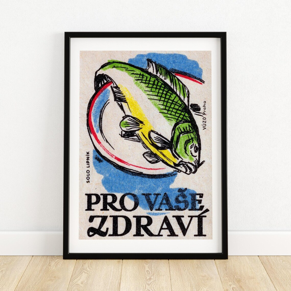 Green Fish On Plate, Vintage Czech Poster Print