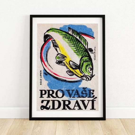 Green Fish On Plate, Vintage Czech Poster Print