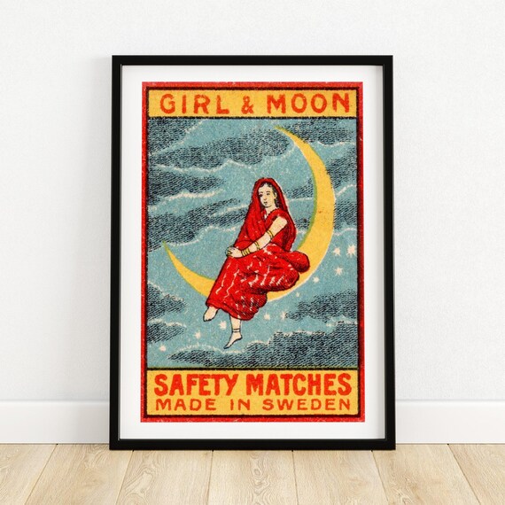 Girl Moon Matchbox Art Print Vintage Swedish Design Collectible Wall Decor Unique Gift For Home Or Office A4