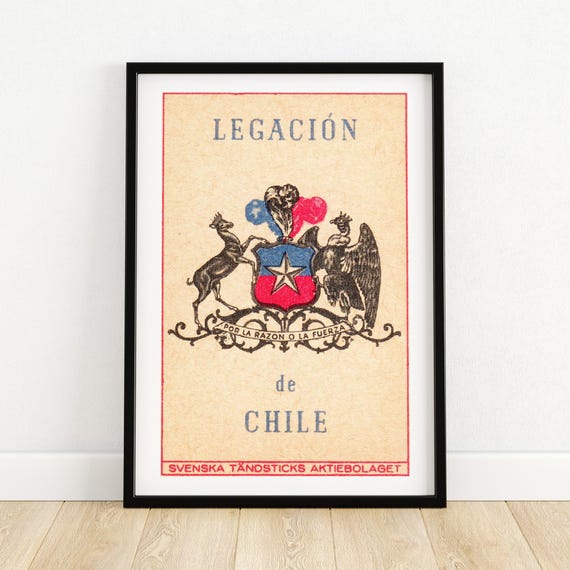 Chile Coat Of Arms Print Vintage Wall Art Svenska Tndsticks Aktiebolaget Matchbox Label Unique Home Decor Gift For Collectors A4