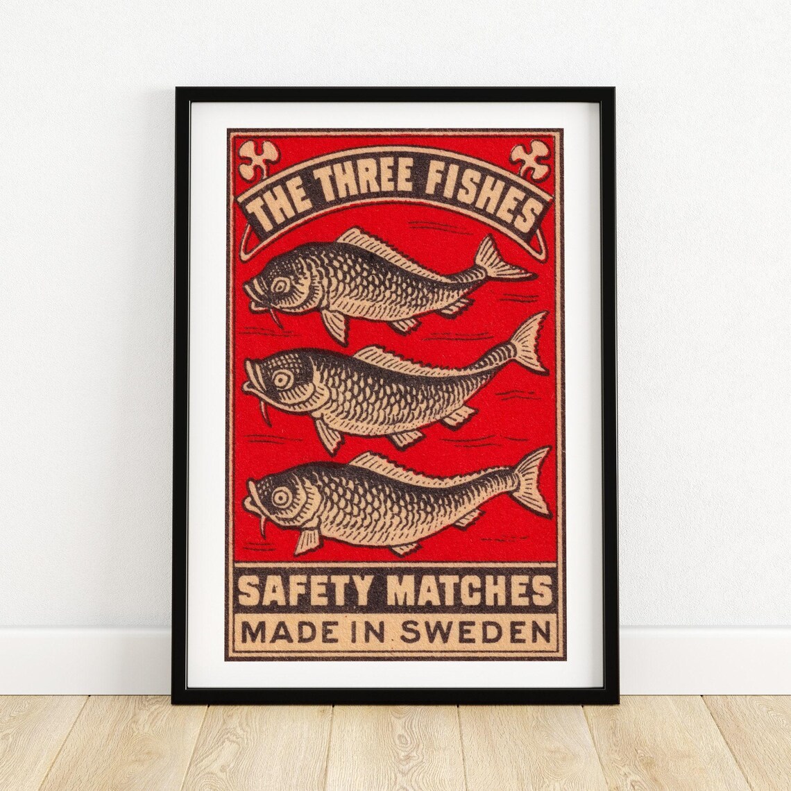 The Three Fishes Matchbox Print, Vintage Sweden Poster