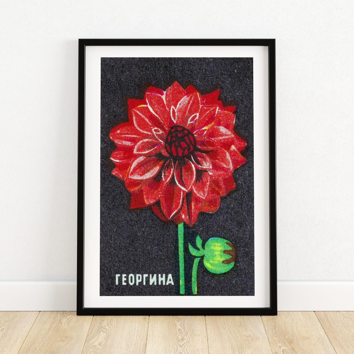 Red Dahlia Flower on Black Vintage Soviet Matchbox Botanical Poster