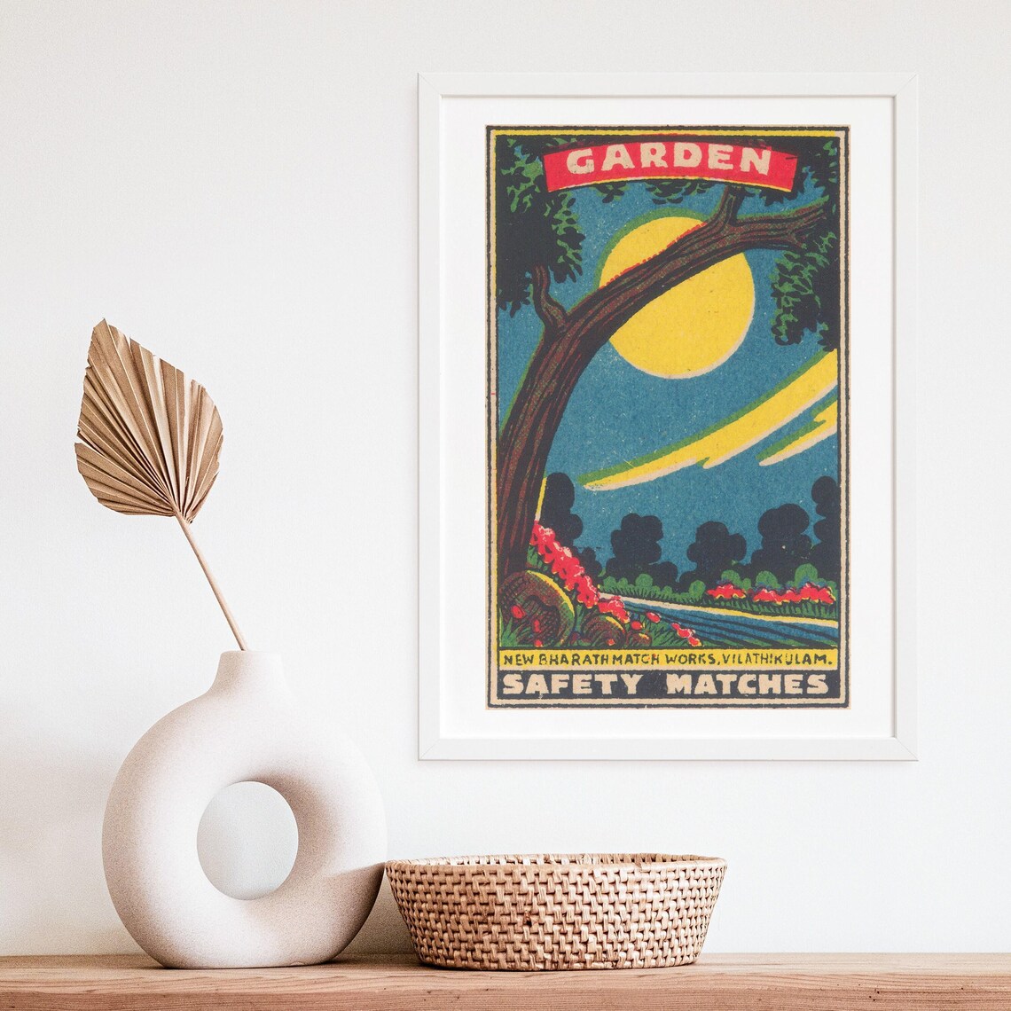 Garden Moonlit Night Tree Vintage Indian Matchbox Label Art Poster