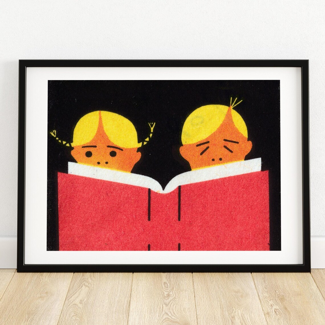 Two Children Reading Big Red Book Vintage Matchbox Art Poster