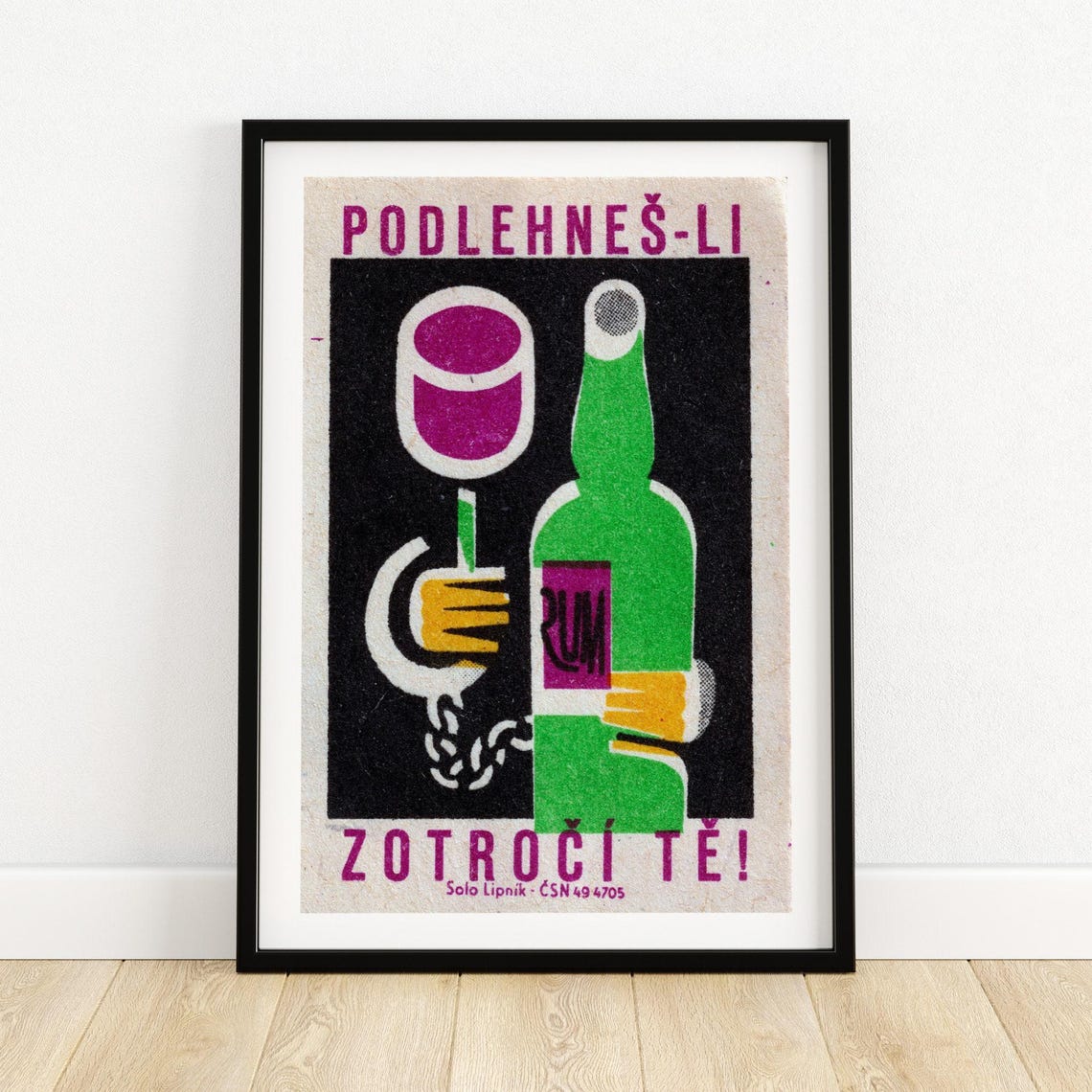 Czech Anti Alcohol Matchbox Label Rum Bottle Chained Hand Poster