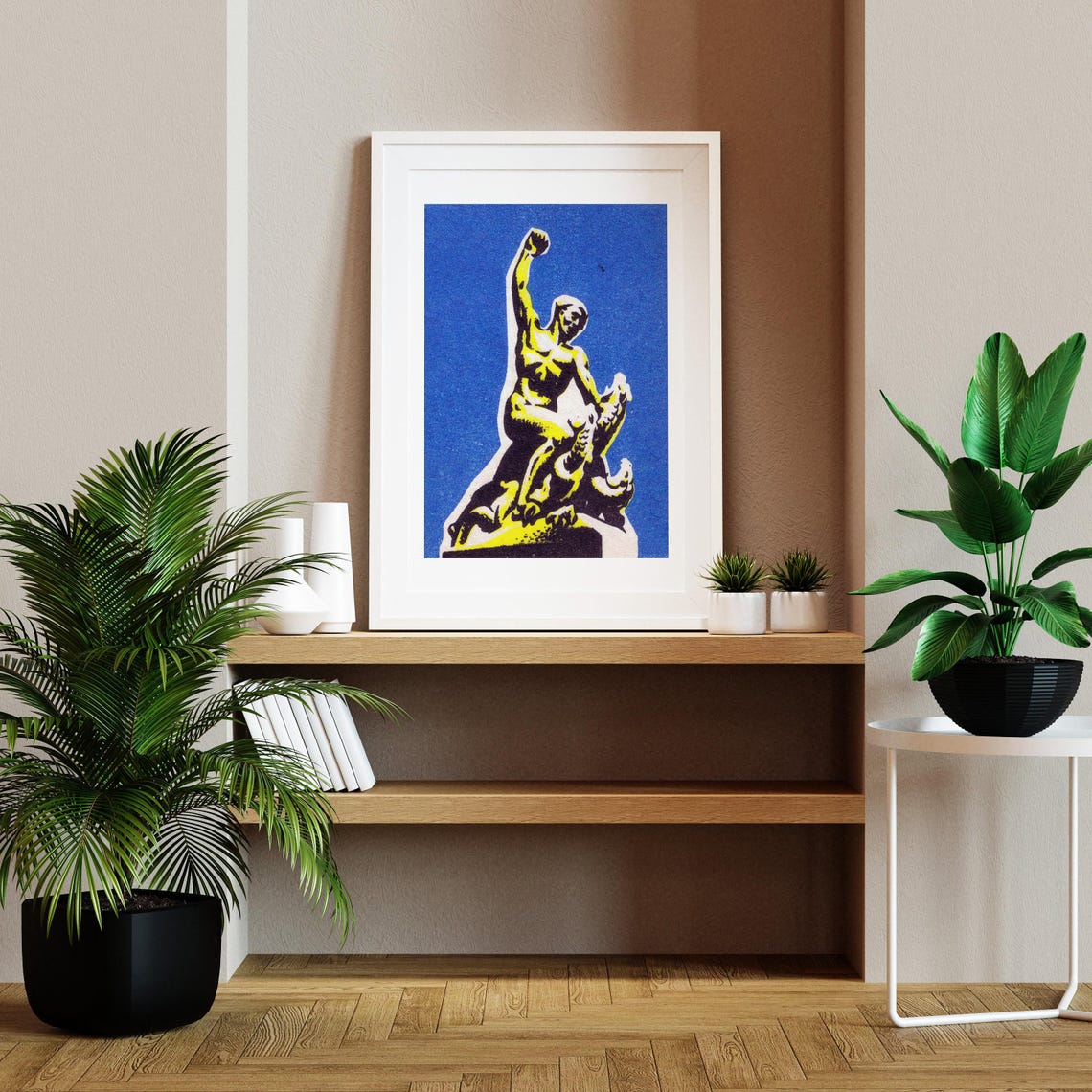 Golden Statue Raising Fist Vintage Matchbox Label Art Poster - Image 2