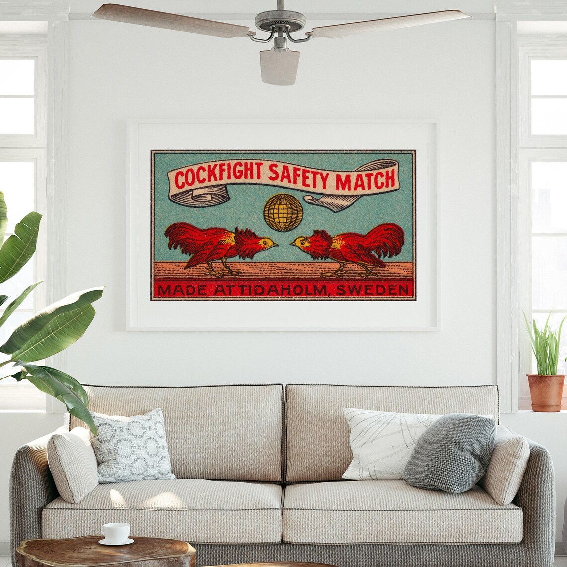 Cockfight Roosters Vintage Swedish Safety Match Label Art Poster - Image 3