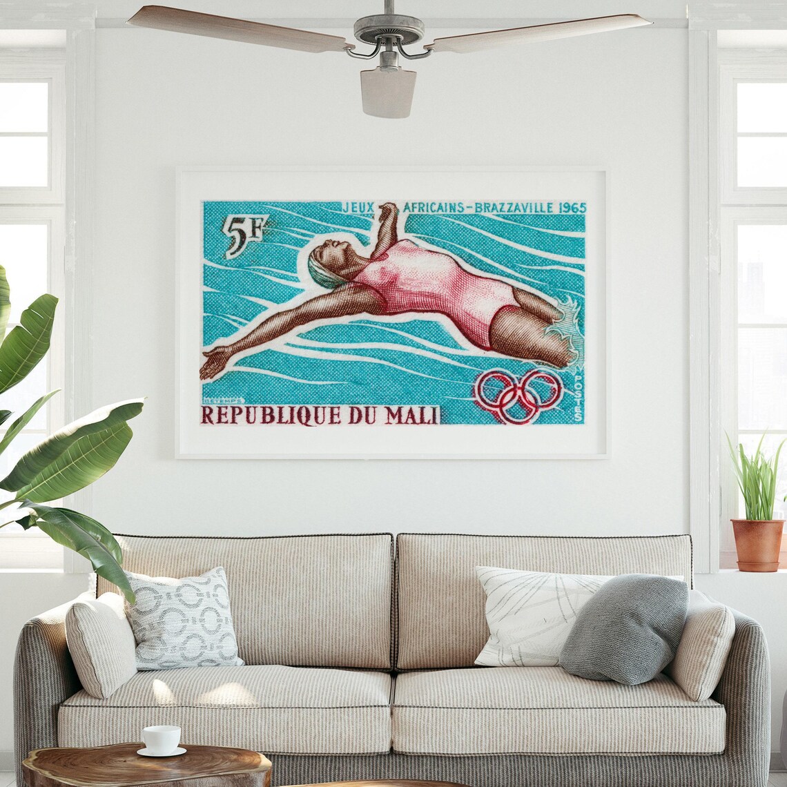 Mali 1965 African Games Swimmer Vintage Sports Postage Stamp Poster - Image 3