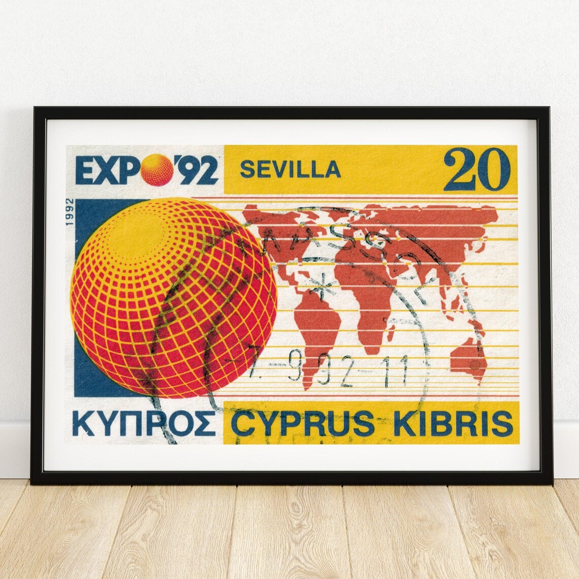 Expo 92 Sevilla Cyprus World Map Vintage Postage Stamp Art Poster