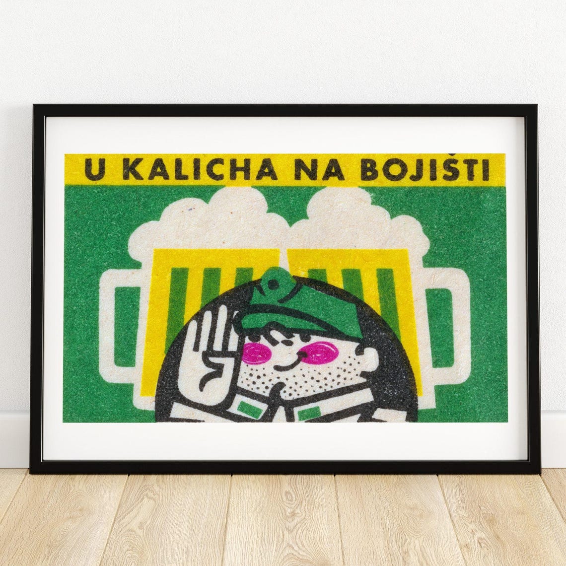 U Kalicha Na Bojisti Beer Mugs Czech Pub Matchbox Label Poster