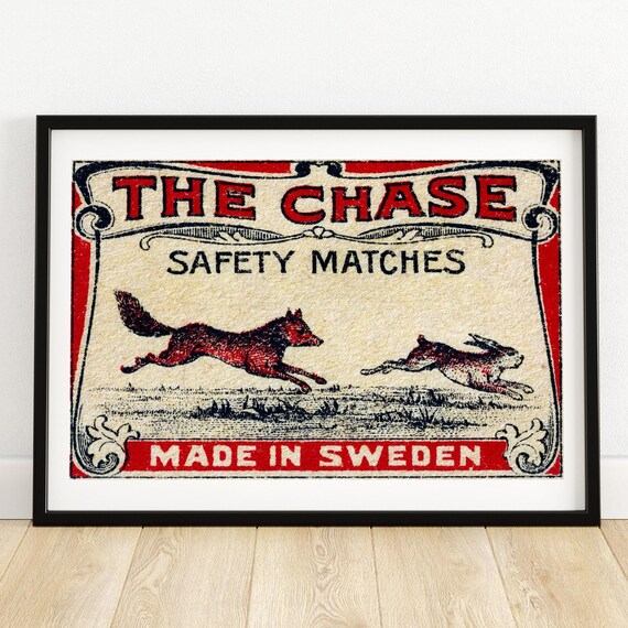The Chase Fox Rabbit Swedish Safety Matches Matchbox Poster Art