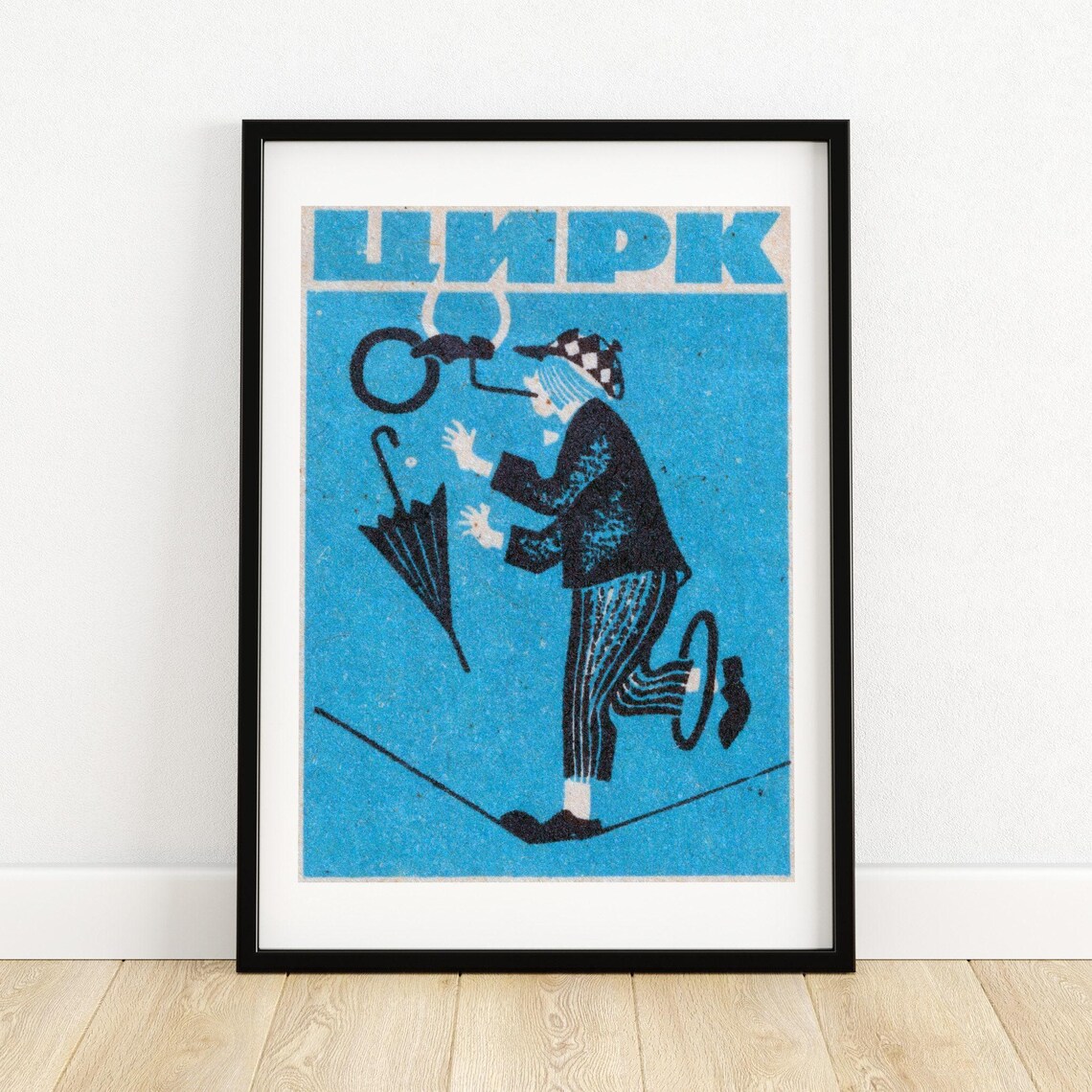 Russian Circus Matchbox Label Blue Clown Juggling Vintage Poster