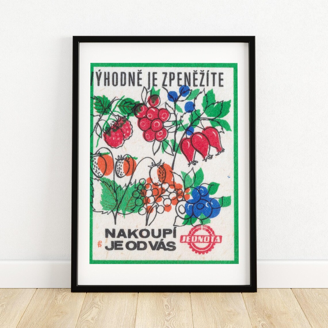 Jednota Berry Harvest Vintage Czech Matchbox Label Fruit Art Poster
