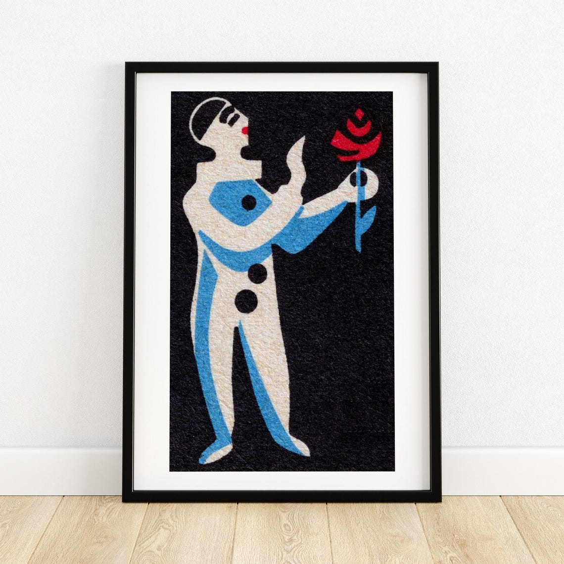 Clown Holding Red Rose Black Vintage Matchbox Art Poster Rose