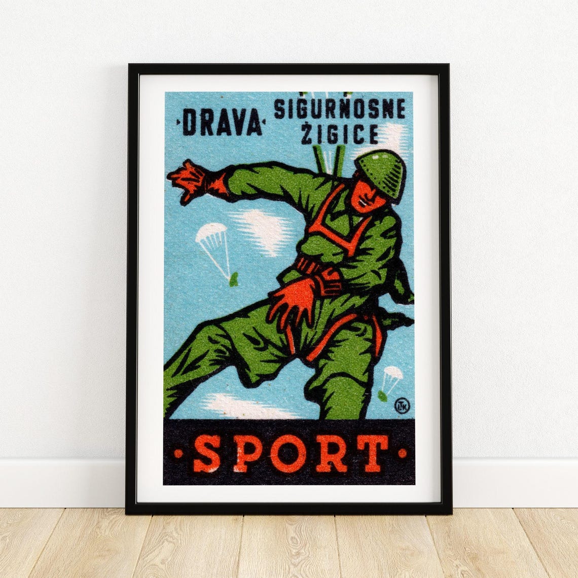 Drava Safety Matches Sport Parachutist Yugoslav Vintage Label Poster