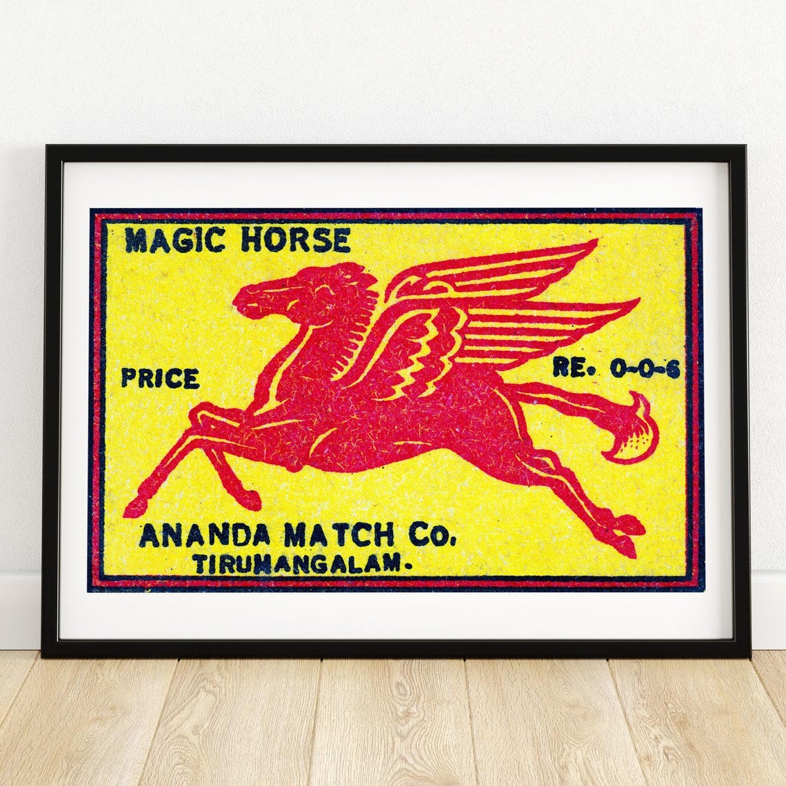 Magic Horse Red Winged Pegasus Gallop Vintage India Match Label Poster