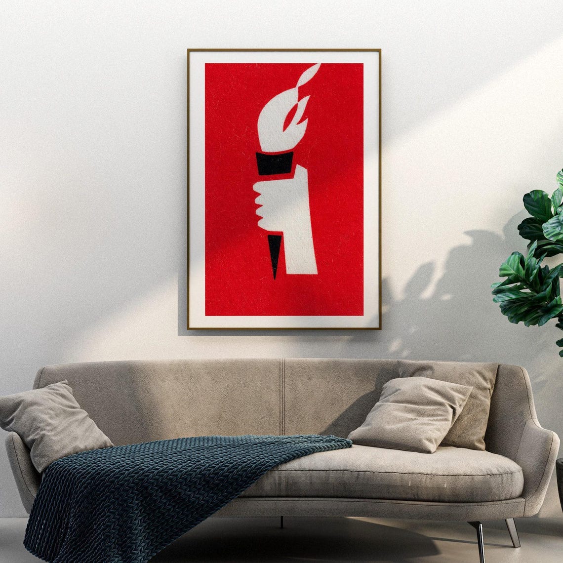 Hand Holding Torch on Red Vintage Matchbox Graphic Art Poster - Image 3