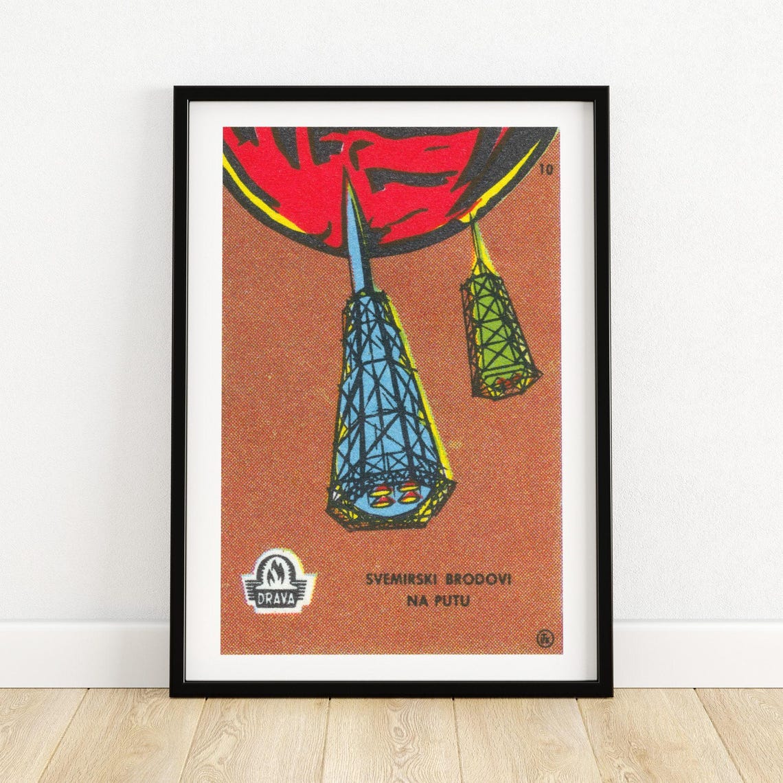 Spaceships on Journey Drava Yugoslavia Vintage Matchbox Poster